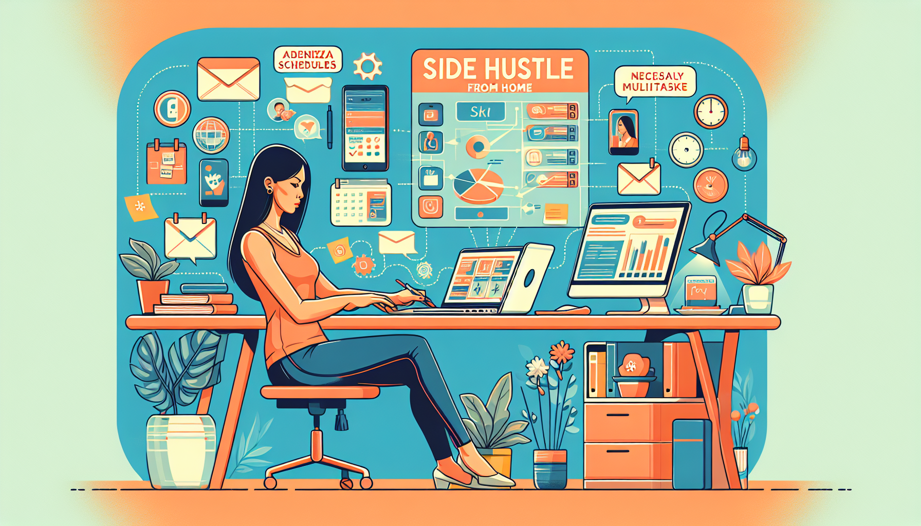 Create an image of a virtual assistant in a modern home office setting, surrounded by multiple digital devices like a laptop, tablet, and smartphone. The assistant is diligently organizing schedules, responding to emails, and holding a video conference with a calm, professional demeanor. Show elements that highlight necessary skills and tools, such as to-do lists, productivity apps, and a neatly organized workspace. Keywords: side hustles from home, virtual assistance, remote work.