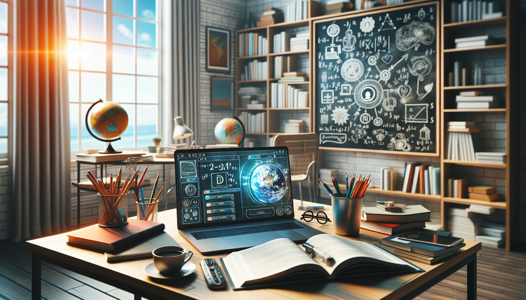 Create an image of a cozy home office setup with a laptop open to an online tutoring platform. Include elements such as textbooks, a whiteboard with math equations, a globe, and a cup of coffee on the desk. In the background, show a bookshelf filled with educational materials and a window with sunlight streaming in, indicating a comfortable and productive environment for online teaching. The scene should evoke the feeling of sharing knowledge and engaging in online tutoring as part of a side hustle from home.