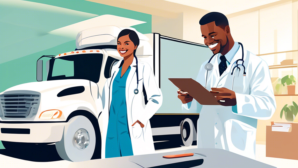 A friendly, professional doctor in a white coat performing a medical examination on a smiling CDL truck driver in a modern clinic in Charlotte, with a medical chart and a truck model on the desk.