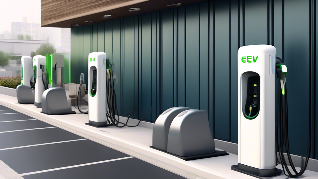 Create an image that showcases various types of electric vehicle charging stations in a single frame. Include Level 1 (standard wall outlet), Level 2 (public and residential units), and DC Fast Charging stations (high-speed units). The image should be informative, displaying the different charging speeds and compatibility with various EV models, visually comparing their features and usage. Place each type of charging station in a distinct section, showing their pros and cons. The backdrop should be a mix of urban and suburban environments with a few electric cars parked or being charged to highlight the diversity of available charging options.