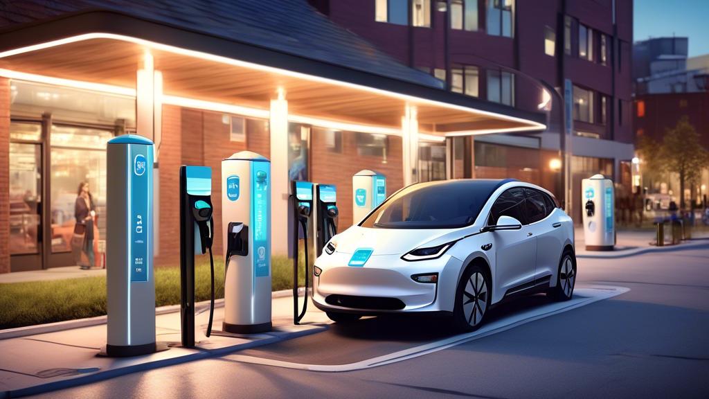 Create an image that showcases an electric vehicle (EV) charging station located in a well-lit, busy urban area. The scene should be lively, with multiple EVs parked and charging at the station, indicating high user activity. Include people engaging with the charging stations, sharing information, and helping each other out. Above the station, a brightly lit sign should read Community Approved Charging Station to emphasize community and social media recommendations. The background should highlight a mix of retail stores and cafes, showing the station’s convenience and accessibility.