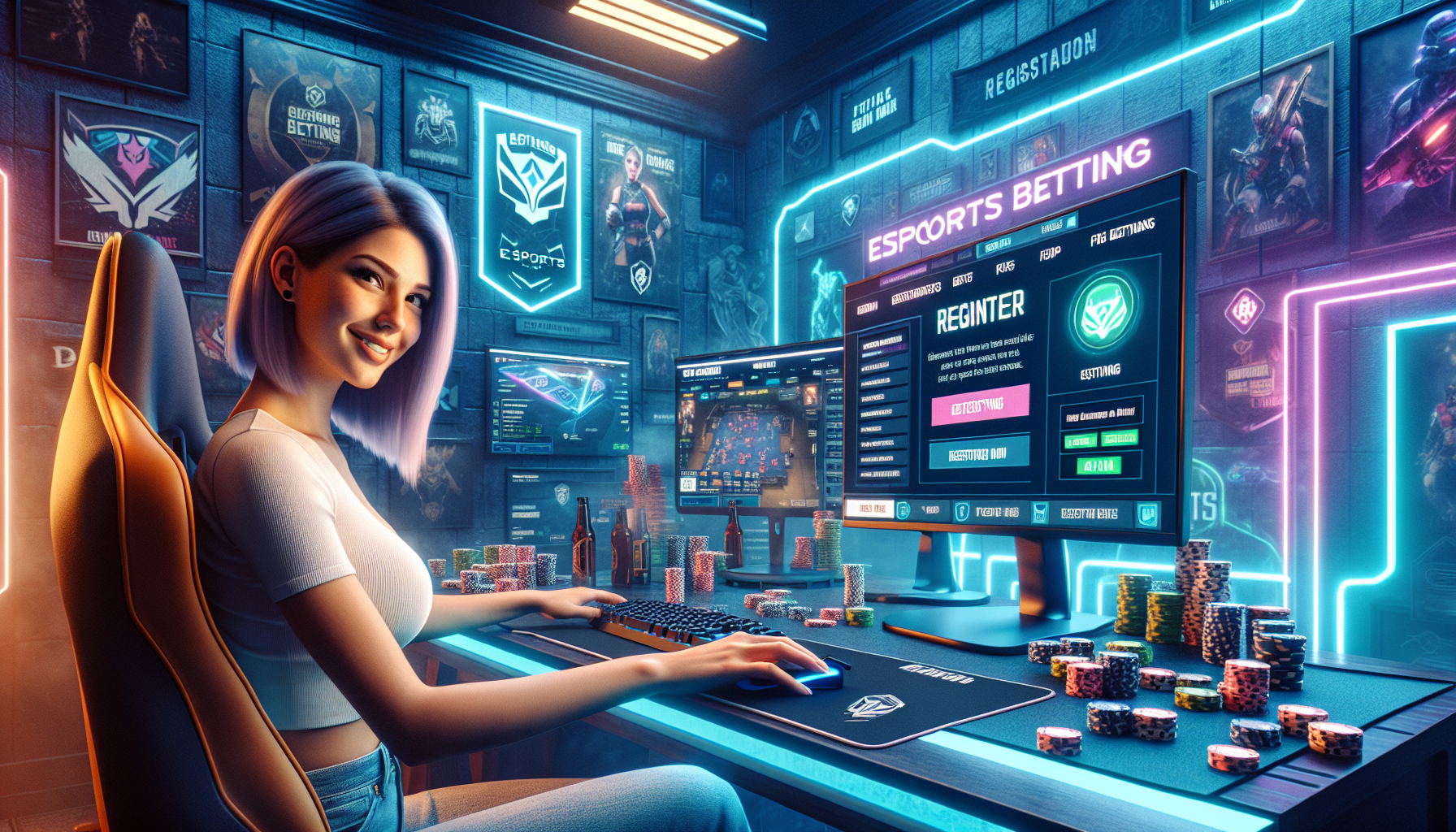 Create an image of a gamer confidently sitting at a desk with a computer, navigating the CS:GO Roll website. Include visual elements such as registration forms, first-time betting icons, and helpful tips popping up on the screen. The background should feature a gaming-themed room with posters, gaming gear, and subtle cues pointing to the CS:GO community. Emphasize ease and excitement for new users starting their CS:GO Roll journey. 

Keyword: cs go roll.