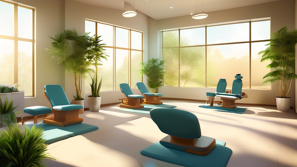 A digital artwork depicting a serene and modern chiropractic clinic in Charlotte, NC, with a diverse group of expert chiropractors engaging with patients in a beautifully designed, sunlit treatment area. Include details like spinal models, chiropractic tables, and a tranquil waiting area with plants and comfortable seating.