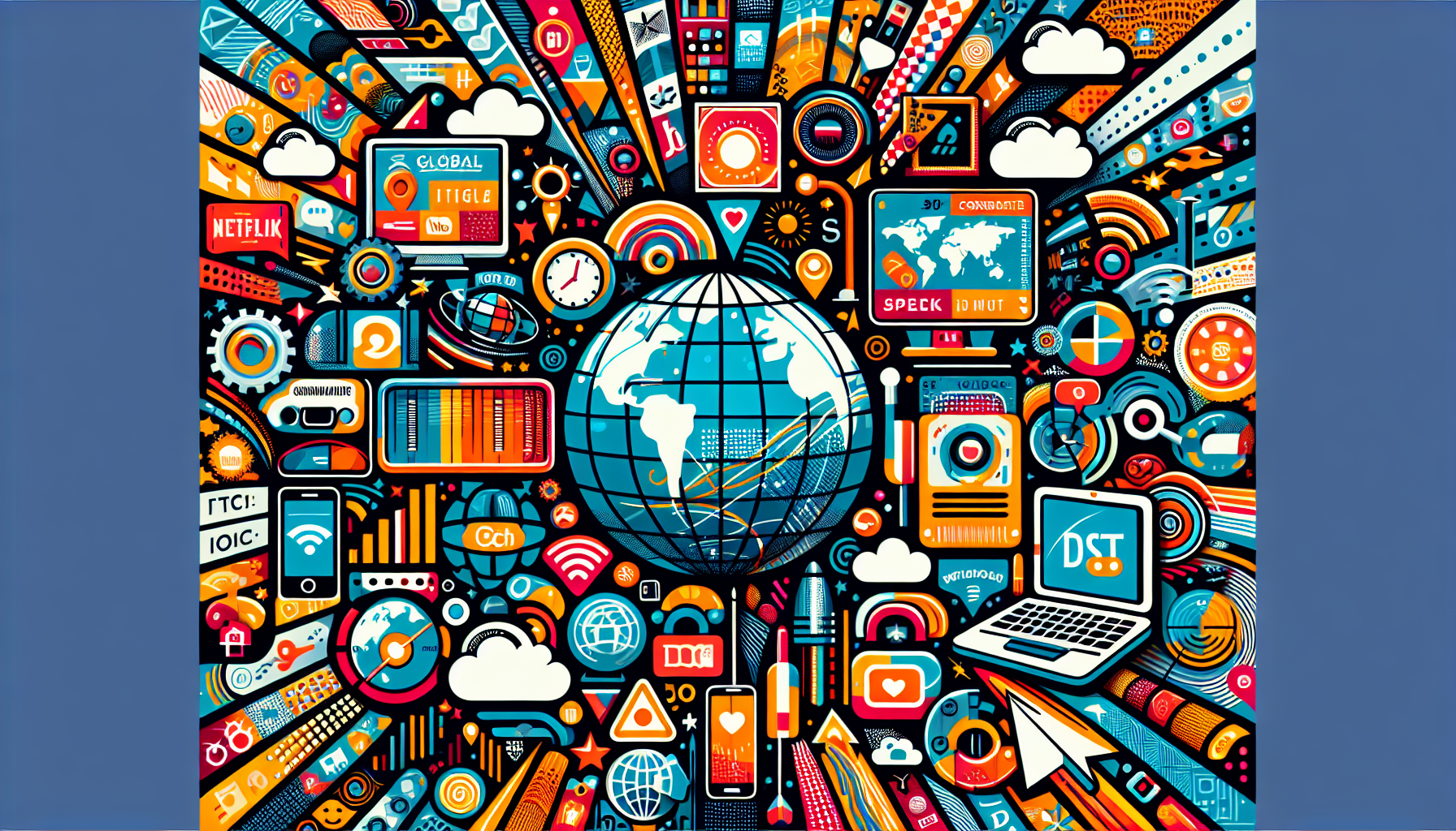 Create a DALL-E image depicting the benefits of using a Smart DNS service for global content access. Focus on a collage-style image that includes visuals of diverse global media icons (like Netflix, Hulu, BBC iPlayer, etc.), a globe to represent worldwide access, streaming speed indicators, and a variety of devices like smartphones, tablets, and laptops.