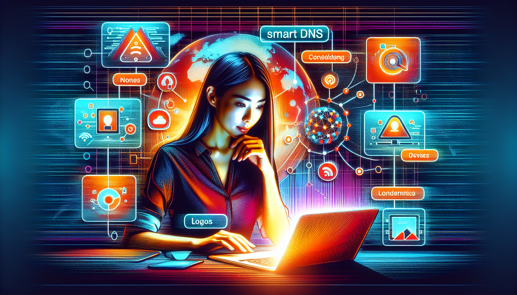 Create an illustration showing a person comparing different Smart DNS service providers on a laptop screen, with key features highlighted in floating labels around the laptop. Include a step-by-step guide on setting up Smart DNS on various devices, along with logos or symbols representing top Smart DNS providers. The background should represent a global network, emphasizing accessibility and connectivity.
