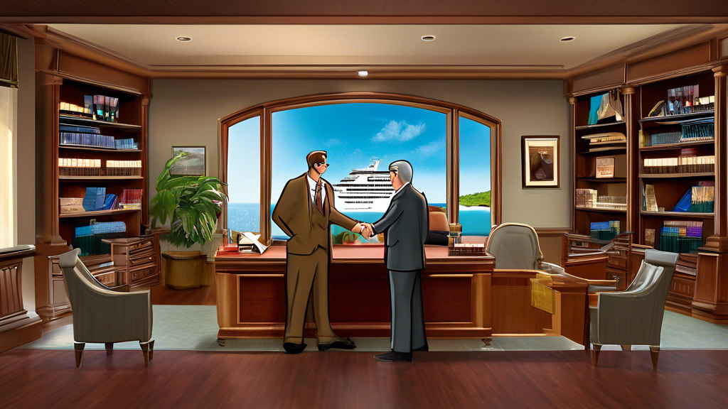 DALL-E prompt: A professional office setting with a lawyer shaking hands with a client dressed in vacation attire, symbolizing a cruise ship passenger. Shelves in the background are filled with legal books, and a framed certificate on the wall reads 