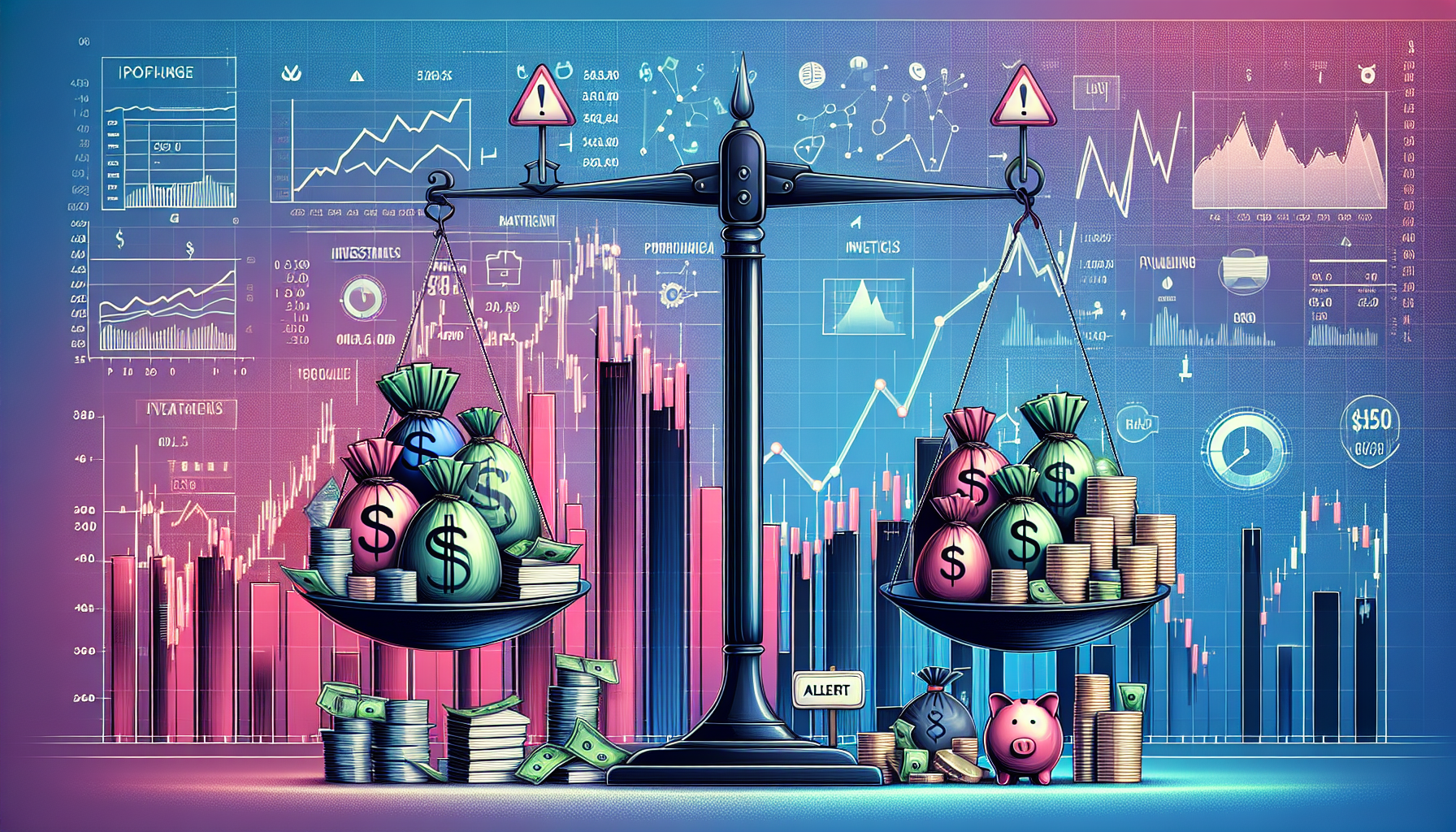 Create an image that visually represents the Benefits and Risks of Portfolio Margin:

An image showing a balanced scale. On one side of the scale, depict symbols of financial growth (e.g., a rising stock chart, money bags, investment portfolios) to represent the benefits of portfolio margin. On the other side of the scale, depict symbols of financial risks (e.g., a declining stock chart, warnings, broken piggy bank) to represent the risks of portfolio margin. The background should display a stock market environment with trading graphs and financial data to create a comprehensive financial theme.