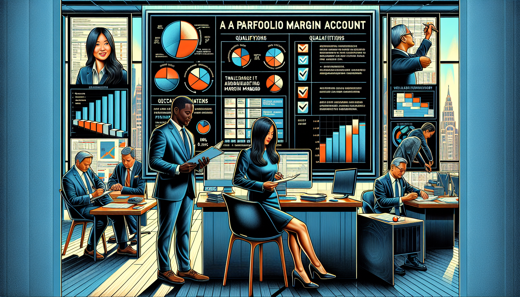 Prompt for DALL-E:

An image showing the steps to qualify for and maintain a portfolio margin account in a financial setting. The scene includes a professional financial advisor in an office setting, sitting across a desk from an investor who is filling out application forms. In the background, a chalkboard with charts and graphs, highlighting regular monitoring and adjustments, and a checklist of qualifications required to maintain compliance in a portfolio margin account.