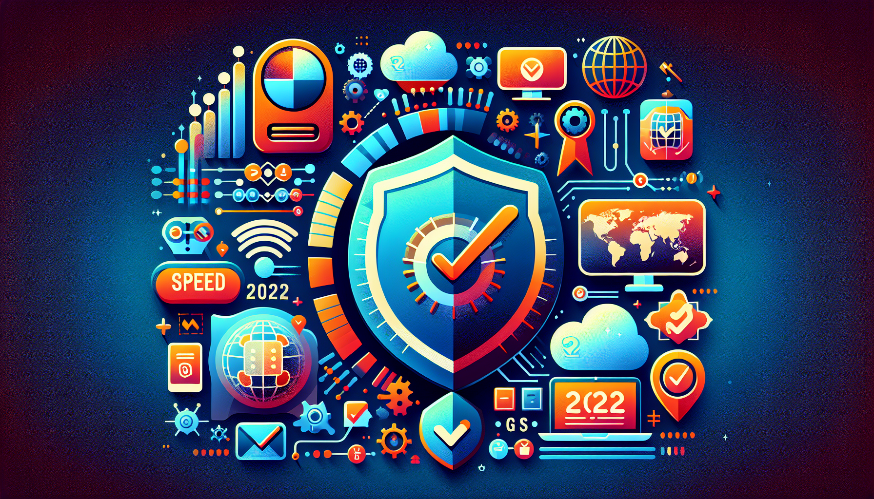 Create an image depicting the most important criteria for selecting the best VPN in 2022. Show icons or symbols representing factors such as speed (like a speedometer), server location (a global map), no-logs policy (a shield with a checkmark), multi-device compatibility (multiple device icons like smartphone, laptop, and tablet), and additional features (such as a kill switch icon and customer support headset). Highlight the year 2022 prominently in the image.