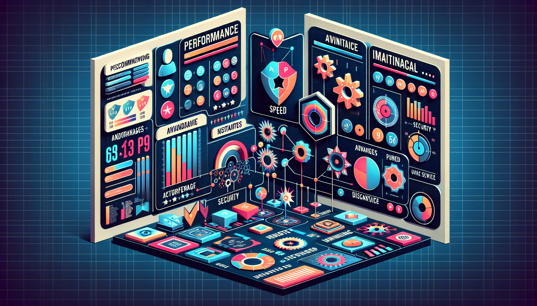 Create a comparative analysis chart showcasing the best VPNs of 2022. Include visual elements such as VPN logos, performance ratings, pros and cons, pricing, and unique features. The background should resemble a sleek tech dashboard with a modern design, utilizing clean lines and clear typography to emphasize the key points of comparison. Add subtle icons for features like speed, security, and customer support to enhance the visual appeal.