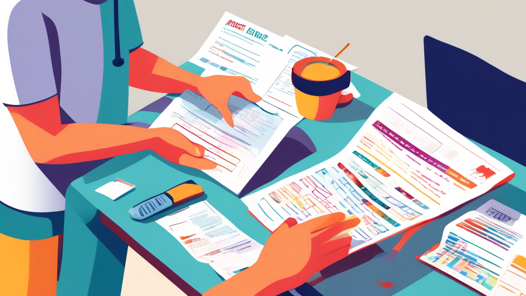 Image of a person reading an instructional guide on how to apply for a CDL medical exam, surrounded by documents like forms, medical charts, and a calendar with an exam date highlighted, depicting an organized and informative environment.
