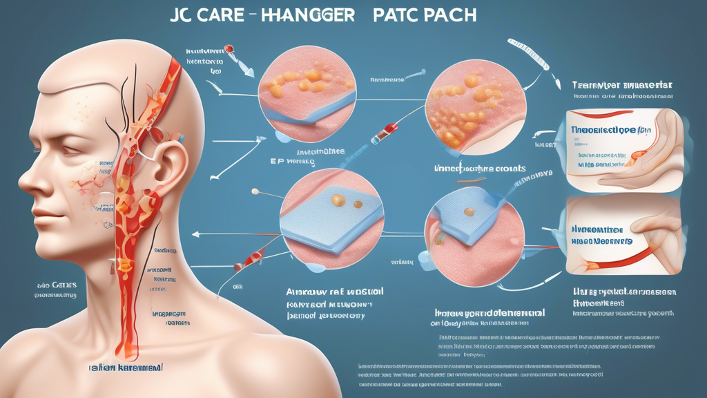 Prompt: Illustration of a scientific diagram showing the JJ Care Hangover Patch applied to a human skin model, detailing the transdermal delivery system. Include annotations explaining the ingredients used in the patch and arrows showing the mechanism of action in alleviating hangover symptoms. Use a clean, clear style to emphasize the scientific nature of the patch