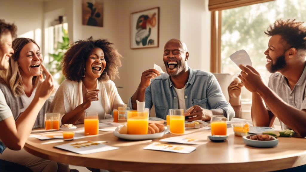 An image of a group of adults having breakfast together in a sunny dining room, discussing their experiences and showing visible expressions of relief and satisfaction while using the JJ Care Hangover Patch, with a visible comparison chart of other hangover relief methods on the table.