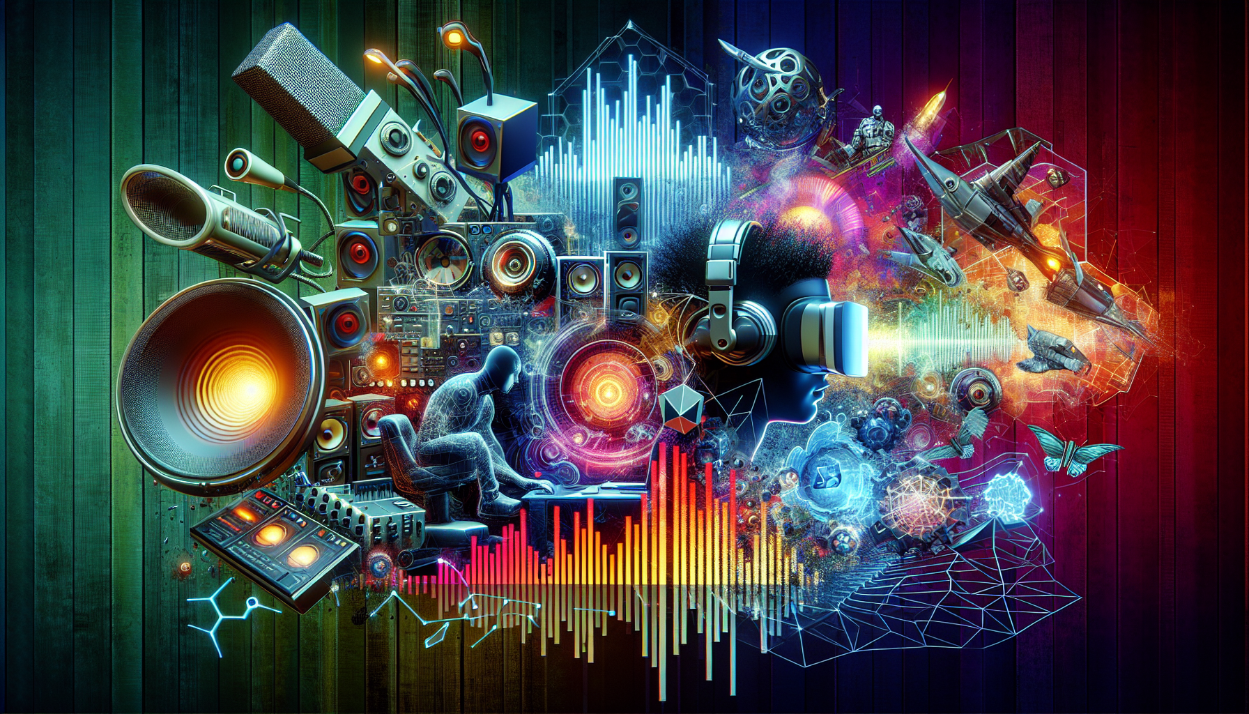 Create an image depicting the cutting-edge sound technologies revolutionizing various industries. Illustrate a diverse range of applications, including immersive sound experiences in a gaming setup with VR headsets, advanced teleconferencing tools with clear adaptive audio, and AI-driven intelligent audio systems. The scene should highlight the seamless integration of these technologies, conveying their transformative impact on entertainment, communication, and everyday listening environments.