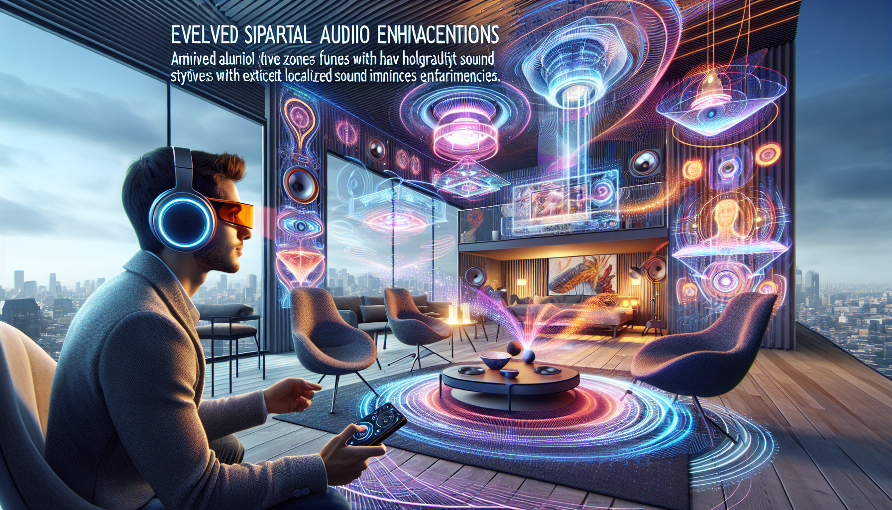 Prompt for DALL-E: 

An imaginative and futuristic scene showcasing the next wave of sound innovations. Illustrate advanced spatial audio technologies in a modern living room, where sound seamlessly integrates with augmented reality (AR) and virtual reality (VR) devices. The room features personalized audio zones, allowing each individual to enjoy their unique listening experiences. Visualize smart speakers and adaptive audio systems, working in unison to create immersive and intelligent sound environments. Highlight a user with AR glasses, interacting with holographic sound controls, while another enjoys a VR gaming experience with precisely localized sound effects.
