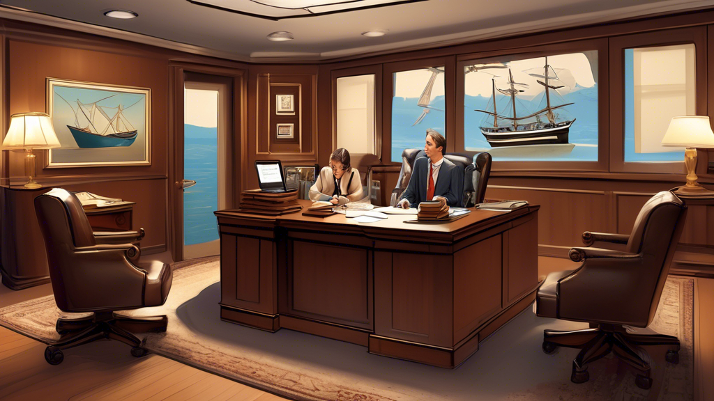 DALL-E prompt: Illustrate a professional consultation scene in a law office where a boat injury attorney, exhibiting expertise in maritime law, is thoughtfully explaining legal documents to a concerned client. The office is adorned with maritime decorations, and visible on the desk are client testimonials and a laptop displaying positive reviews. Highlight the approachable demeanor of the attorney and the attentive posture of the client, emphasizing the theme of accessibility and open communication.