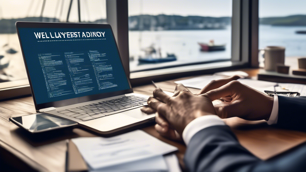Visualize the journey to finding the perfect boat injury attorney with this thoughtfully composited image: A person sitting at a well-organized, modern desk, browsing through an open laptop displaying a lawyer directory. Nearby, a notepad filled with written questions and a smartphone showing reminders for scheduled consultations. In the background, visible through a window, is a serene harbor setting symbolizing the maritime legal focus. Soft lighting and organized bookshelves suggest a calm and thoughtful decision-making environment.