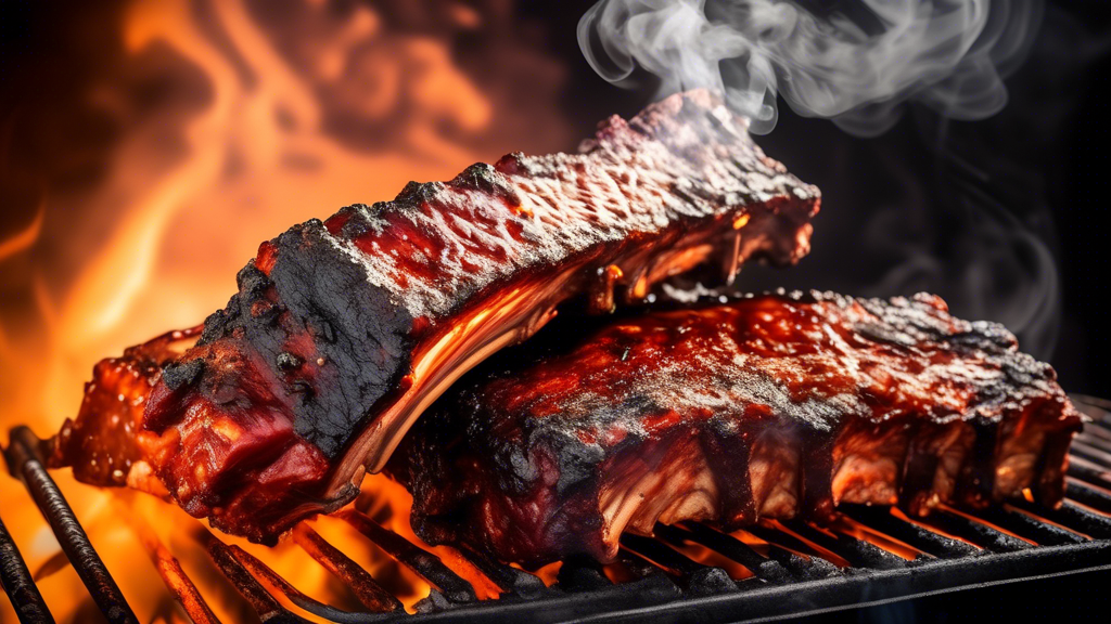 A rack of BBQ spare ribs smoking in a cloud of flavorful smoke on a black charcoal smoker, with chunks of smoking wood visible.  A meat thermometer should be visible in the thickest part of the ribs.