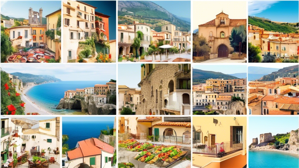 **DALL-E Prompt:** Create an illustrative collage featuring various budget travel tips for visiting Calabria, Italy. Include imagery of affordable accommodations like cozy local guesthouses or B&Bs, budget-friendly dining such as quaint trattorias or pizzerias with delicious local fare, and economical transportation options like local buses and bikes against the beautiful backdrop of Calabria’s landscapes including its stunning coastline and picturesque towns. Emphasize the charm and affordability of enjoying this hidden gem in Italy.