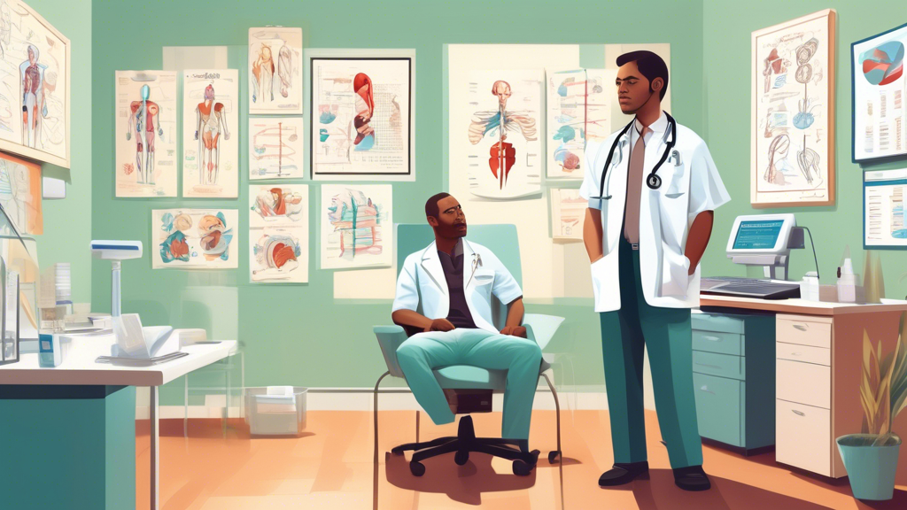 An illustration of a serene and professional medical office in Charlotte, NC, with a friendly, confident back doctor consulting a patient, surrounded by anatomy charts and diplomas, in a soothing, modern decor.