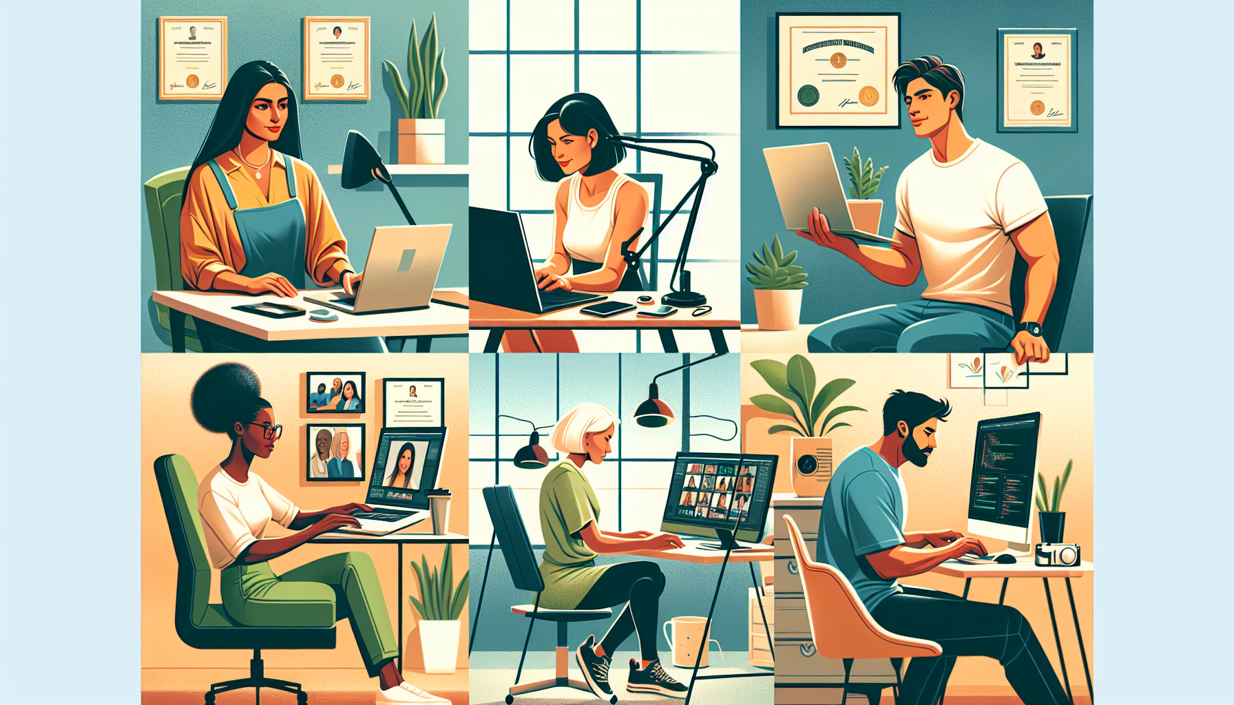 Create an image of a diverse group of people engaging in various high-paying side hustle jobs that require specialized skills and certifications. Showcase a freelance graphic designer working on a high-end laptop, a certified fitness trainer conducting an online session, a professional photographer editing photos on a desktop, and a software developer coding from a cozy home office. Include elements like certificates on the wall and sophisticated equipment to emphasize their expertise and the high-paying nature of their gigs.