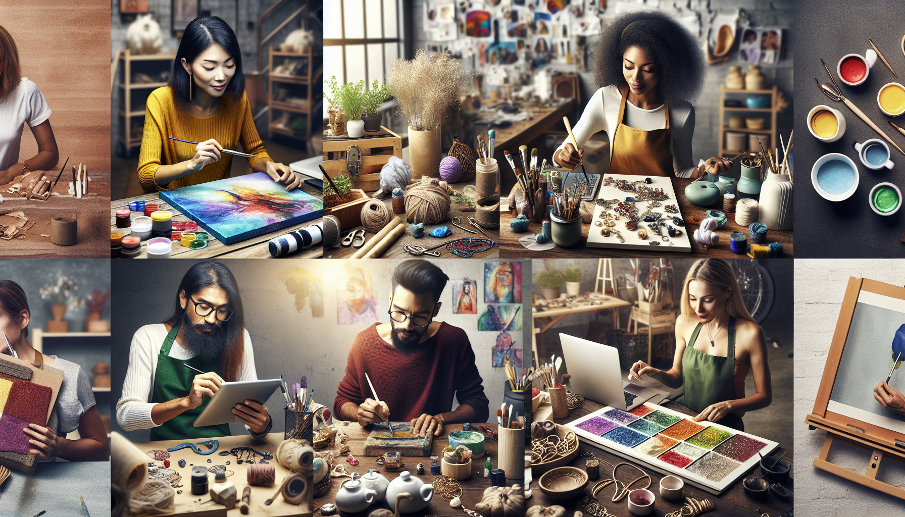 Create an image that depicts a variety of creative side hustle ideas being put into action. The scene features a vibrant, bustling workspace with individuals engaged in different activities: one person paints a canvas, another crafts handmade jewelry, someone else is practicing digital art on a tablet, and another person is making custom pottery. The atmosphere is lively and inspiring, with tools, materials, and finished products displayed around the space. The image should convey a sense of creativity, innovation, and the joy of turning hobbies and talents into income-producing side hustles.