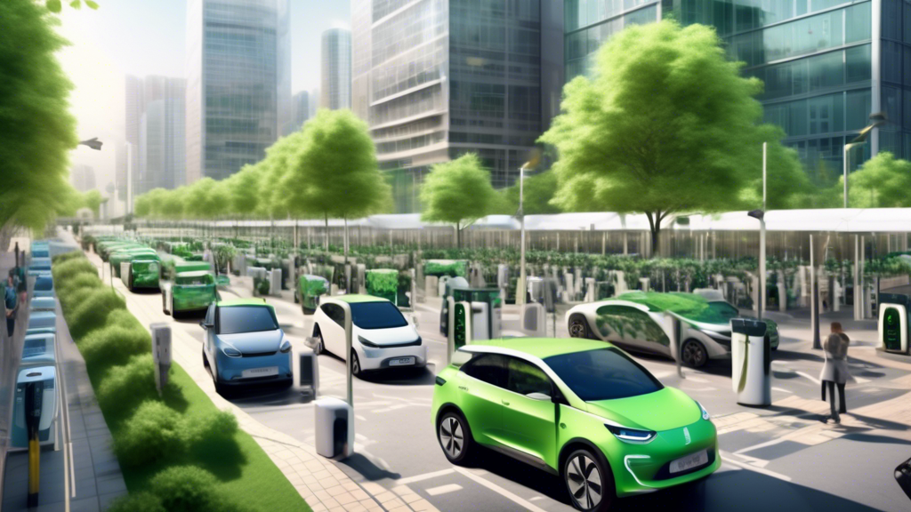 Create an image depicting a bustling, modern cityscape where numerous electric vehicles are parked and charging at various charge points. The scene should highlight the environmental and economic benefits by showing clean energy sources like wind turbines and solar panels integrated around the charge points. Emphasize a green and sustainable atmosphere, with people happily engaging with the technology, underscoring the reduction in greenhouse gas emissions and the boost to renewable energy adoption.