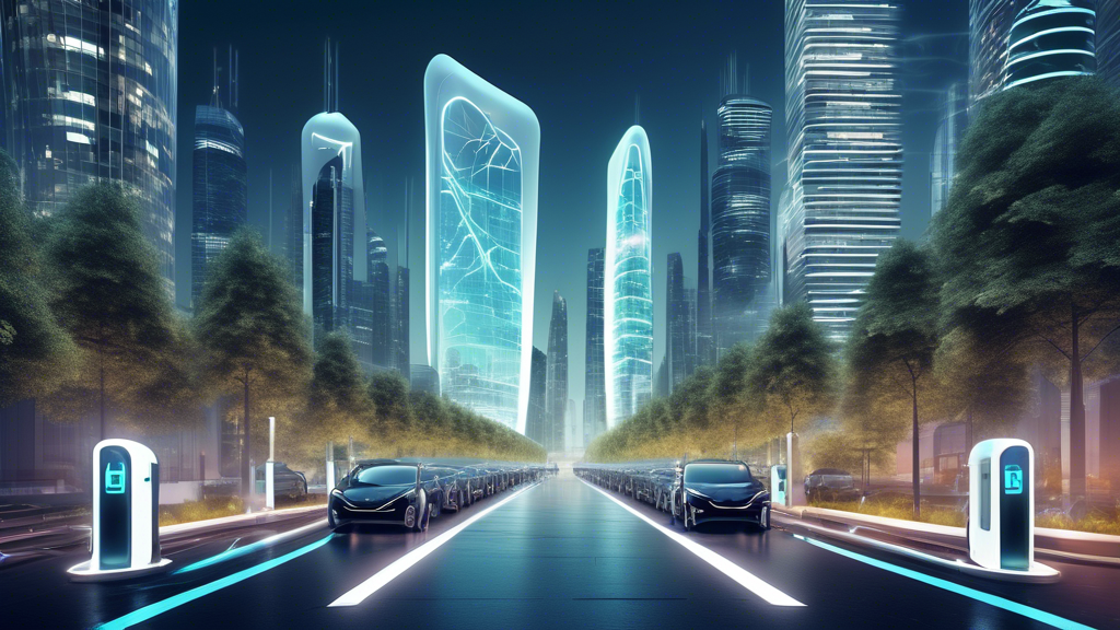 Generate an image depicting a futuristic urban landscape featuring numerous advanced electric vehicle charge points. Show innovative charge point technology integrated into streets, parking lots, and buildings, with electric vehicles of various designs using these points. Include a background of modern skyscrapers with government and corporate logos to signify public and private sector involvement in the development. The atmosphere should convey a clean, eco-friendly, and technologically advanced city.