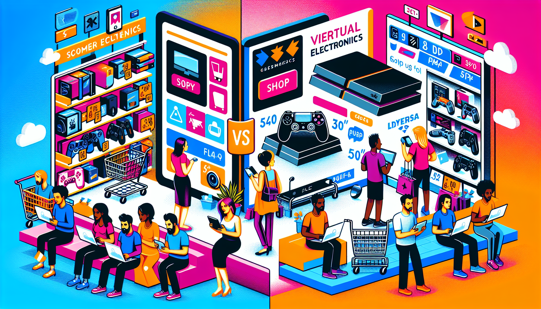 Create an image illustrating the comparison between online marketplaces and physical stores for finding the best deals on PS4s. The image should show a split-screen: one half depicting people browsing on a laptop and navigating top websites known for PS4 discounts, and the other half showing shoppers in a bustling electronics store, examining PS4 consoles on display. Include elements such as price tags, shopping carts, and deal banners to emphasize the search for bargains.