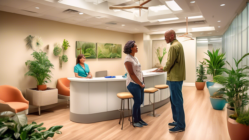 Create an image of a serene and professional chiropractic clinic in Charlotte, NC, with a diverse group of patients waiting comfortably in a modern lobby filled with plants and gentle lighting. In the foreground, a friendly chiropractor explains a spinal model to an attentive middle-aged female patient, showcasing various chiropractic tools on the table.