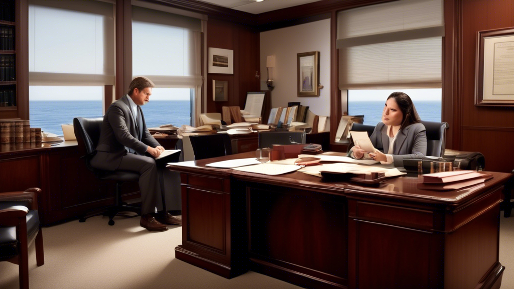 Create an image depicting a professional setting where an individual is consulting with a cruise ship accident lawyer in an office. The lawyer is seated behind a desk with legal documents and a maritime law book open, while the client is attentively listening and taking notes. The background should show a clean, organized office space with certificates and legal books on shelves. The image should evoke a sense of trust and professionalism, highlighting the importance of effective communication and case assessment.
