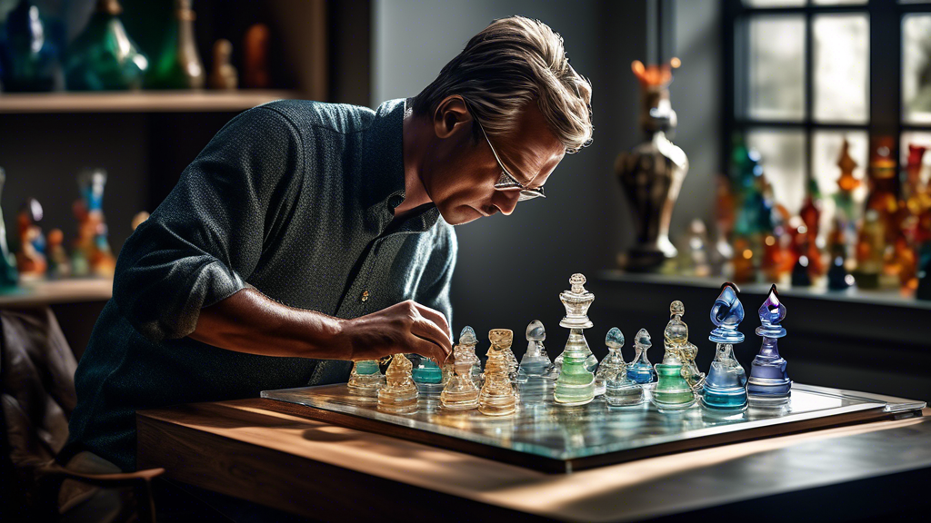 An artisan meticulously creating a luxury glass chess set in a well-lit studio, focusing on intricate details and designs of the pieces, with a background that subtly highlights the elegant visual impact these sets have in a stylish home decor setting.