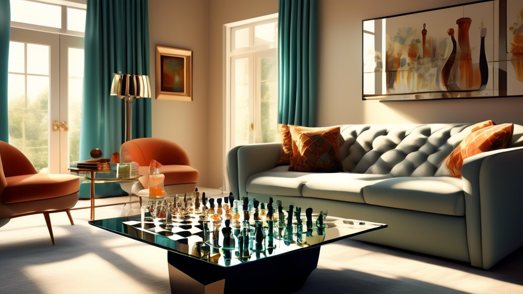 An elegant room with a contemporary design featuring a luxury glass chess set on a mid-century modern coffee table, with sunlight casting reflections and shadows on the glass pieces, surrounded by plush seating and tasteful decor, emphasizing the beauty and sophistication of the chess set as part of the room