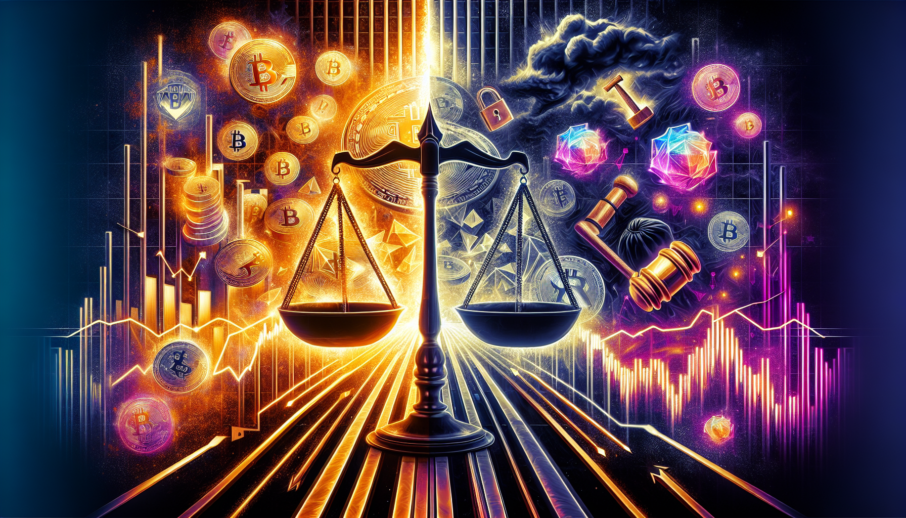 A visually striking image depicting the dual nature of investing in cryptocurrency stocks. On one side of the image, there