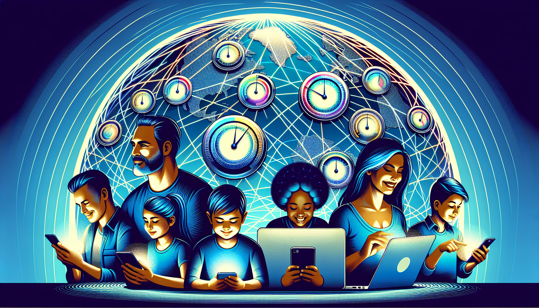 Create an image that showcases the robust performance and high-speed capabilities of Surfshark VPN. Illustrate a globe with multiple bright, glowing lines connecting to various locations worldwide, symbolizing numerous high-speed servers. Show a family using different devices—laptops, tablets, smartphones—connected seamlessly with bezels that depict speedometers at maximum, emphasizing minimal impact on internet speed. Incorporate subtle Surfshark branding with the logo positioned thoughtfully in the design.