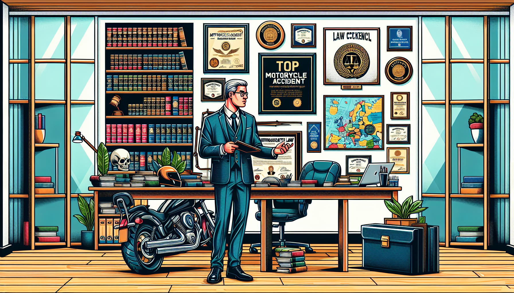 Detailed office setting with a confident, middle-aged lawyer surrounded by motorcycle accident law books and certificates. One wall displays accolades and peer awards, another map shows the specific state laws highlighted. A plaque reads 