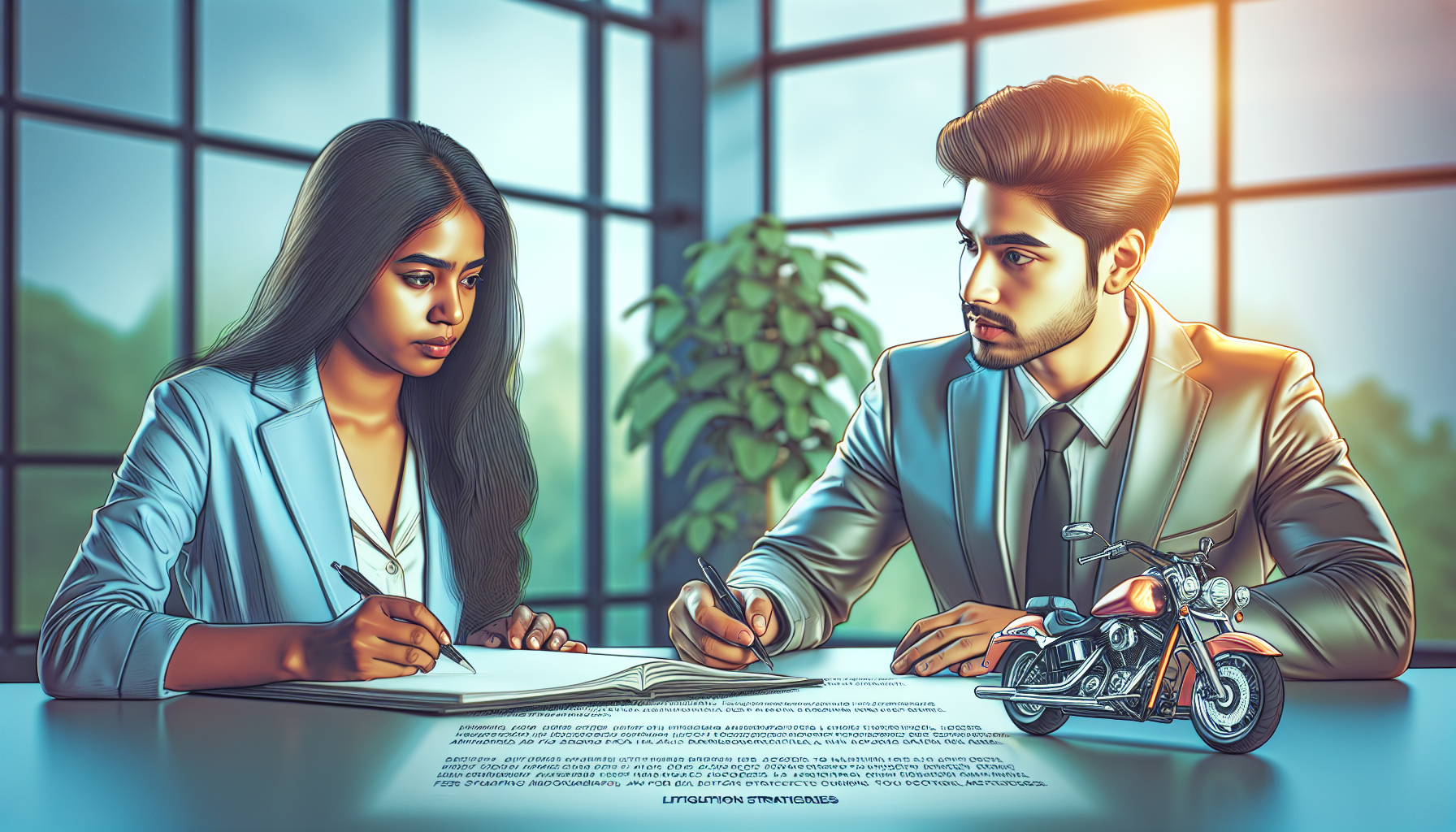 An attentive client sitting across from a motorcycle accident lawyer during an initial consultation in a modern, well-lit office, asking detailed questions from a notepad about the lawyer