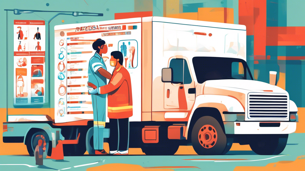 An illustration showing a medical professional conducting a CDE physical examination on a truck driver, including a series of detailed stations for vision test, hearing test, blood pressure measurement, and a general health checkup, with icons indicating common conditions like diabetes and hypertension that require special considerations for exemptions and waivers.
