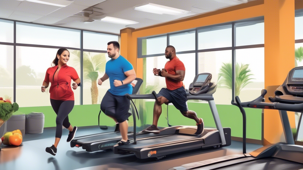 An image depicting a male and female commercial driver exercising in a gym as they prepare for their CDL physical. They are shown jogging on treadmills and lifting light weights, with a balanced meal of fruits, vegetables, and water on a nearby table. In the background, a wall poster displays tips for managing blood pressure and diabetes. The setting is friendly and motivational, highlighting a positive approach to meeting health standards for obtaining a commercial driving license.