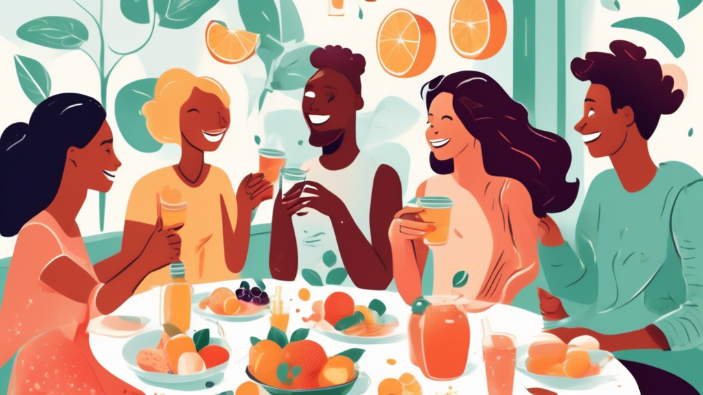 An illustration of a group of happy, healthy individuals at a morning brunch, sharing experiences and smiling, one of them pointing to a visible Bytox Patch on their arm. They are surrounded by fresh fruits and water, highlighting a lifestyle of wellness. Above them, text bubbles show key benefits like 