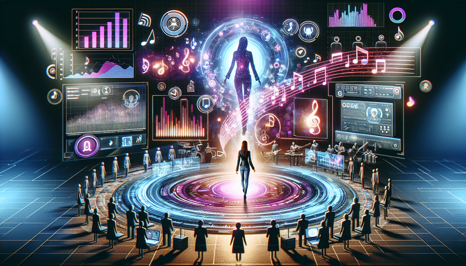 Create an image that captures the revolutionary role of technology in music management. Show a modern music manager at the center, surrounded by holographic digital tools and platforms, data analytics graphs, and AI-driven applications. In the background, illustrate a flow of music notes blending seamlessly into digital binary code, symbolizing the integration of technology and music. Include visual elements representing successful music marketing and distribution, such as charts showing rising music popularity and virtual audiences connected through devices. This visually dynamic scene should reflect the innovative strategies transforming the music industry. Keywords to include: digital tools, AI, data analytics, music marketing, innovative music management.