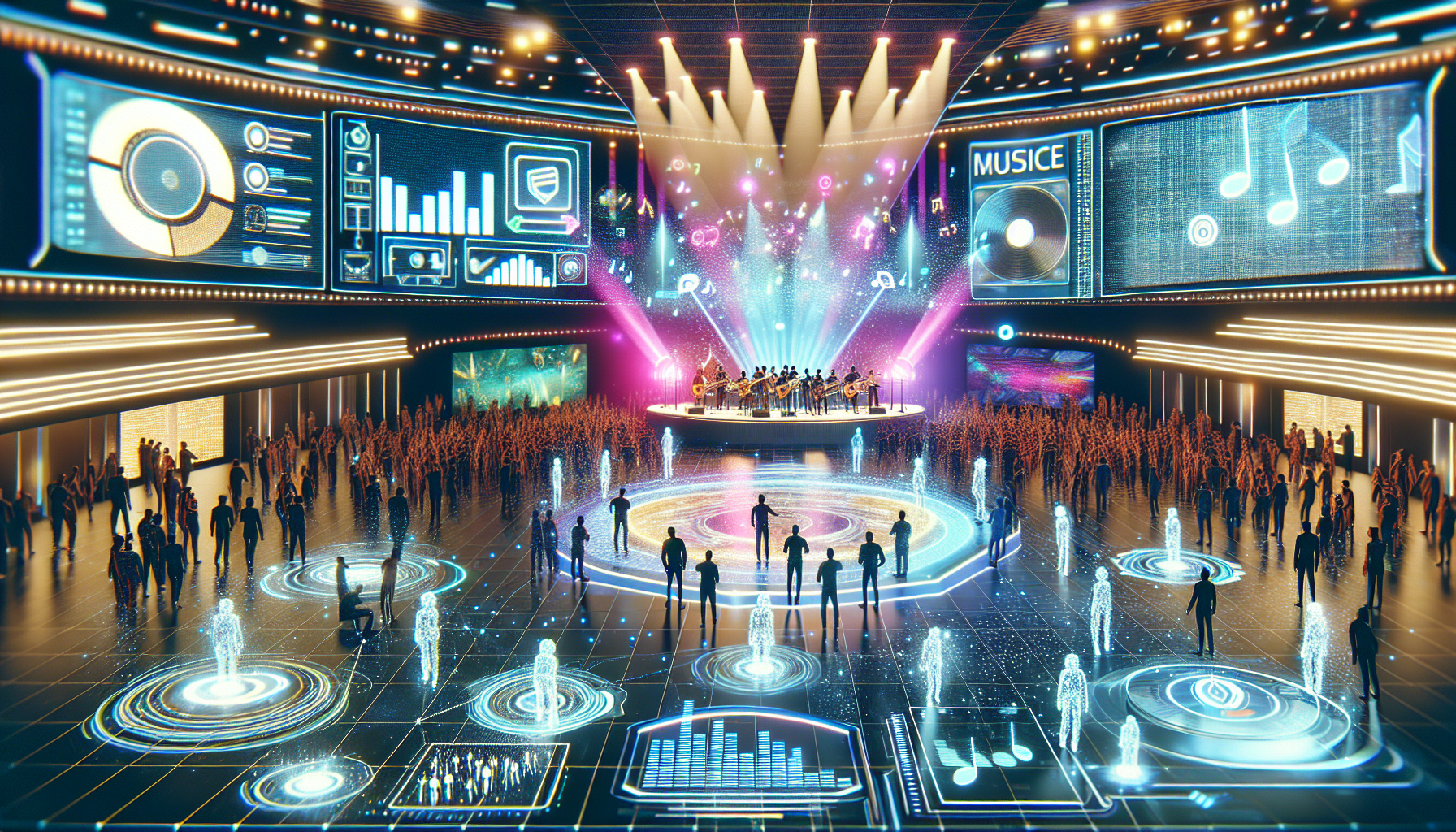 Create an image that captures the future trends in innovative music management. Visualize emerging trends like virtual concerts, AI-generated music, and the integration of social media platforms. Include elements like futuristic digital concert scenes, a holographic music manager using advanced AI tools, influencers promoting music through augmented reality, and data analytics dashboards illustrating the growth and reach of music tracks. The background should depict a modern, high-tech setting, highlighting the fusion of technology and creativity.