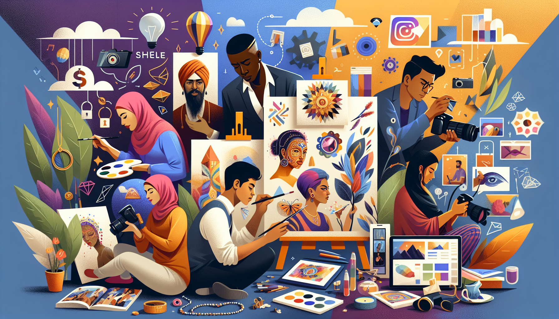 Create an image that showcases various creative side hustles, such as crafting, photography, and graphic design, in an inspiring and visually appealing way. Include elements like a person painting a canvas, another person taking photographs with a professional camera, and a designer working on a digital tablet. Surround these characters with vibrant colors and examples of their work, like beautifully crafted jewelry, stunning photographs, and eye-catching digital artwork. Incorporate success story headlines and platform logos like Etsy, Adobe, and Shutterstock to emphasize the potential of turning hobbies into profitable side hustles.