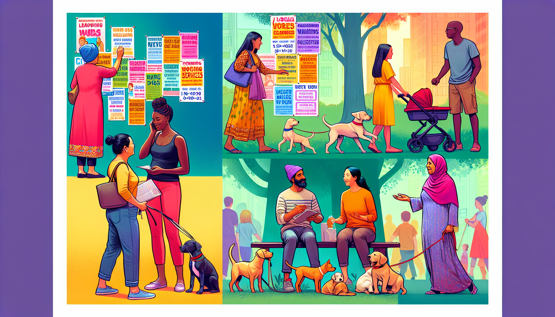 Create a DALL-E prompt for the third point in the outline:

Create an image depicting a vibrant community setting, where people are engaged in various local side hustles. Show individuals walking dogs, babysitting kids at a park, and doing yard work. Include elements that represent the promotion of their services, like colorful flyers on community boards and people talking and exchanging contact information. The atmosphere should feel friendly and bustling, highlighting the advantages of local and community-based gigs.