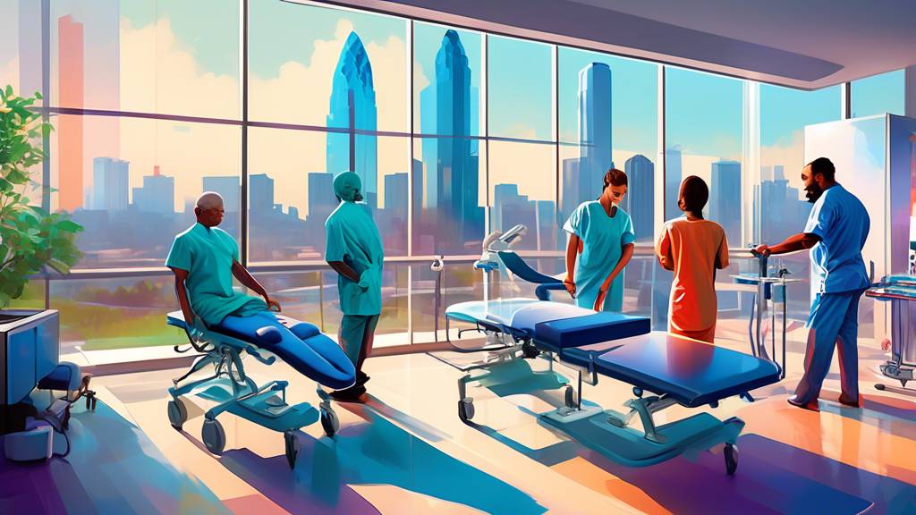 An artistic depiction of a serene and modern physical therapy clinic in Charlotte, NC, with professionals administering advanced spine therapy to diverse patients in a calming environment with futuristic medical equipment and Charlotte