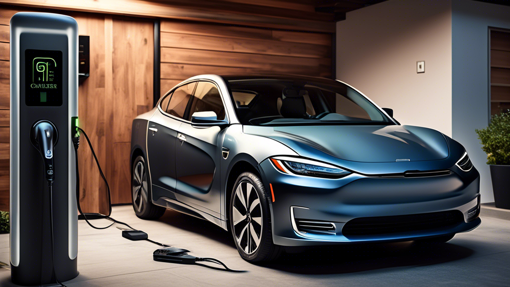 A modern home garage featuring an electric car hooked up to a sleek and advanced electric car charger. Depict detailed labels highlighting the charger