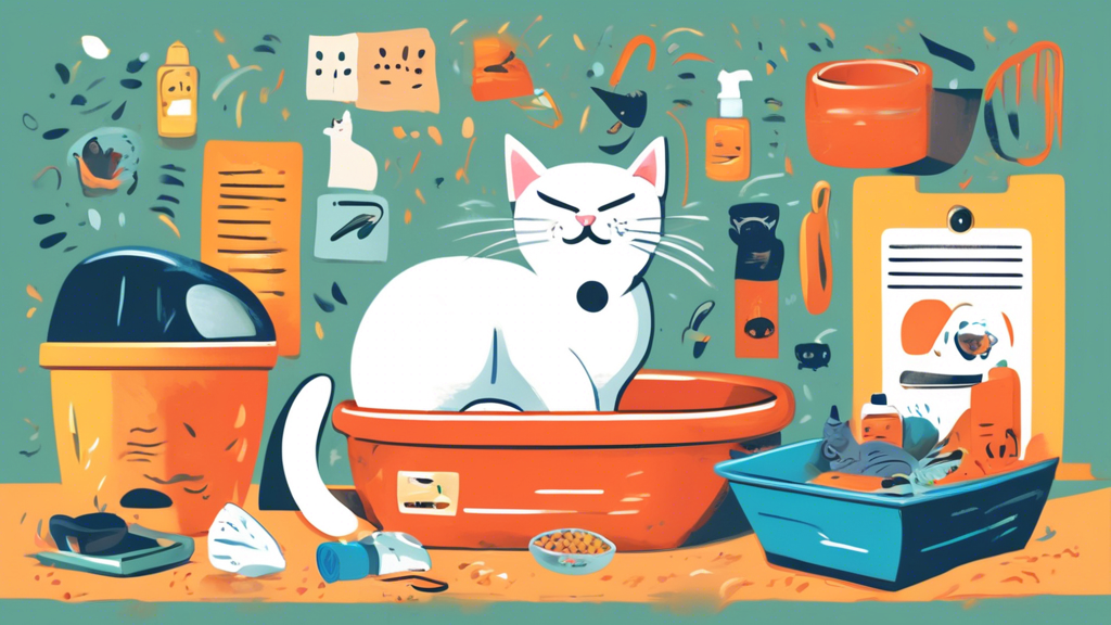 An image of a cat confidently using a litter box with a content expression on its face, surrounded by various items that can help prevent or stop cat spraying, such as different types of litter, calming pheromone sprays, and strategically placed scratching posts.