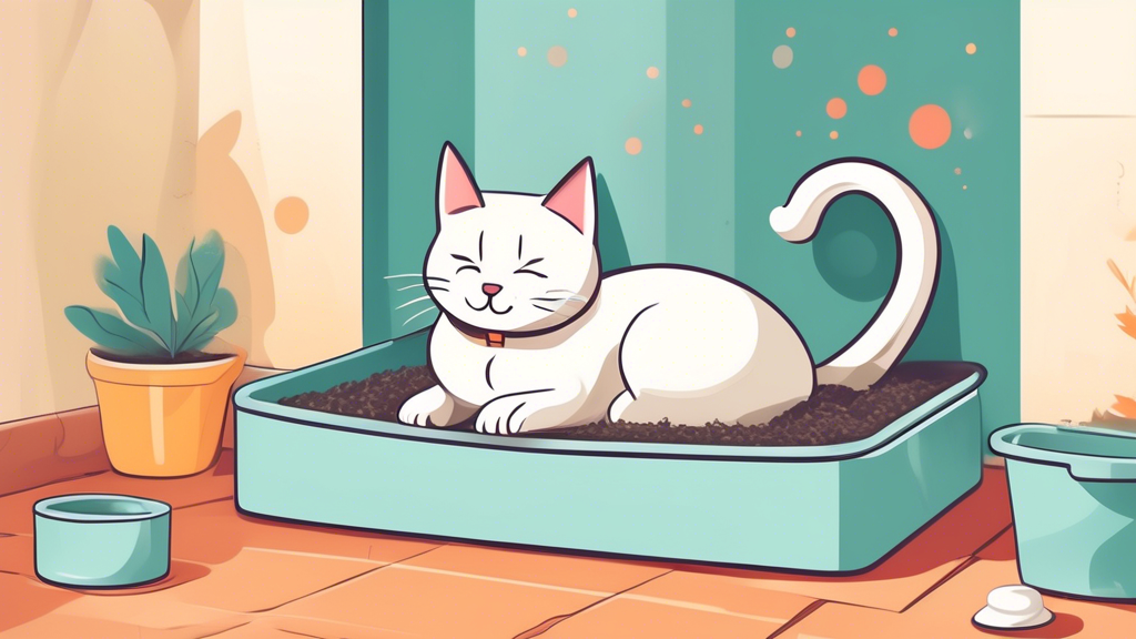 Create an image of a cat happily using a clean, well-placed litter box with various deterrence methods like pheromones and deterrents around it. The scene should convey a peaceful and stress-free environment for the cat to encourage proper litter box behavior.