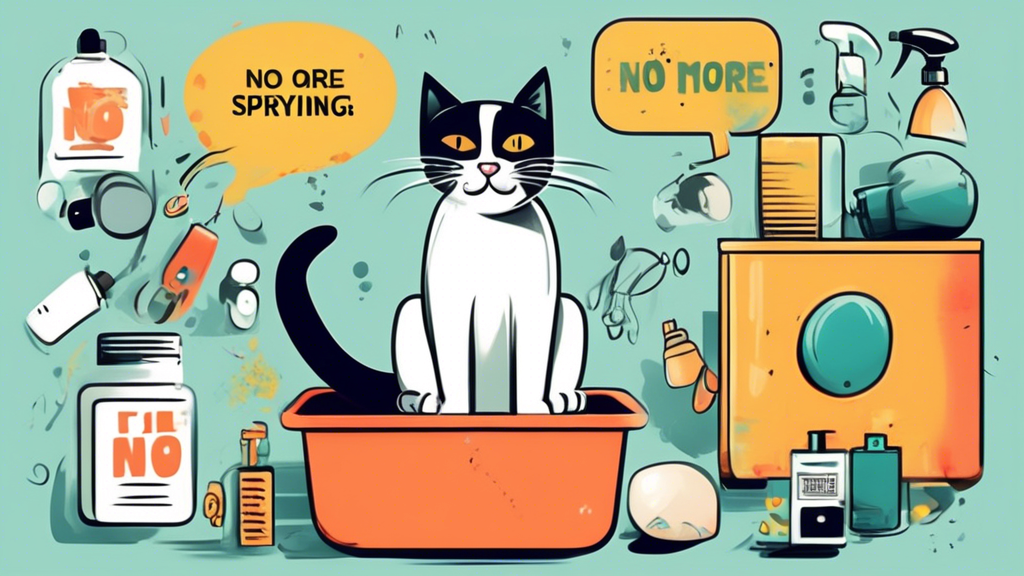 Create an image of a cat sitting contently in a litter box with a speech bubble above its head saying No more spraying here! surrounded by various training tools and solutions like clickers, treats, calming pheromones, and deterrent sprays.