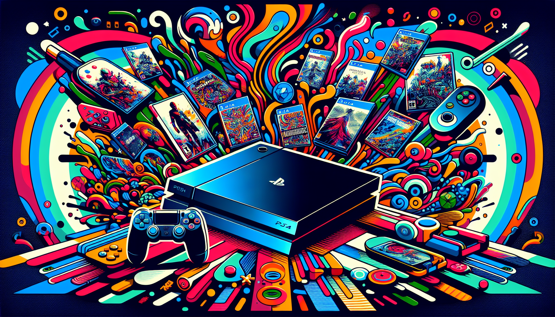 Create an image showing a montage of several top video game covers optimized for the PlayStation 4 Pro. The background should feature the sleek design of the PlayStation 4 Pro console, with vibrant graphics and the console’s logo prominently displayed. Ensure there is an emphasis on the enhanced visual capabilities and gameplay benefits, making it clear that these games fully utilize the PlayStation 4 Pro